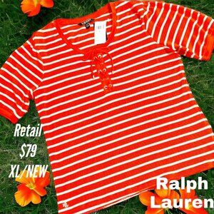 NEW-Ralph Lauren XL Womens Top Waffle-Knit Orange Striped Puff-Sleeve Shirt-$79